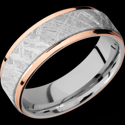 7 mm wide/Flat Grooved Edges/Cobalt Chrome band featuring inlays of Meteorite and 14K Rose Gold.