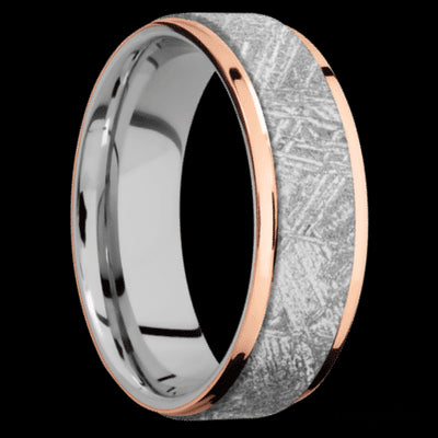 7 mm wide/Flat Grooved Edges/Cobalt Chrome band featuring inlays of Meteorite and 14K Rose Gold.