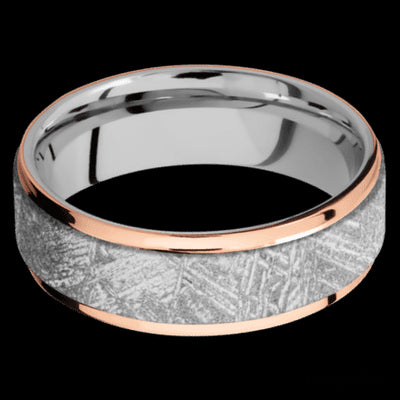 7 mm wide/Flat Grooved Edges/Cobalt Chrome band featuring inlays of Meteorite and 14K Rose Gold.