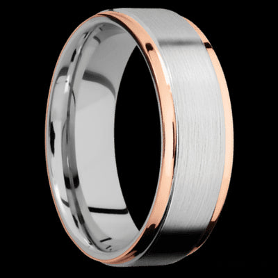 7 mm wide/Flat Grooved Edges/Cobalt Chrome band with two 1 mm Edge inlays of 14K Rose Gold.