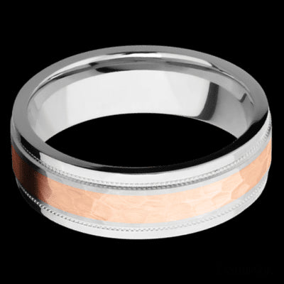 7 mm wide/Flat Stepped Edges Milgrain/Cobalt Chrome band with one 3 mm Centered inlay of 14K Rose Gold.