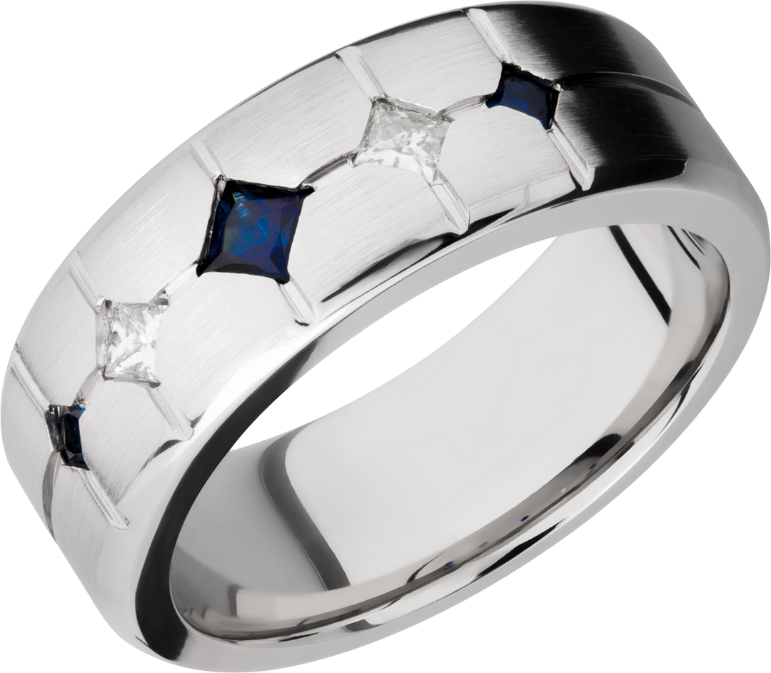 Cobalt chrome 8mm beveled band with 3 sapphires and 2 diamonds