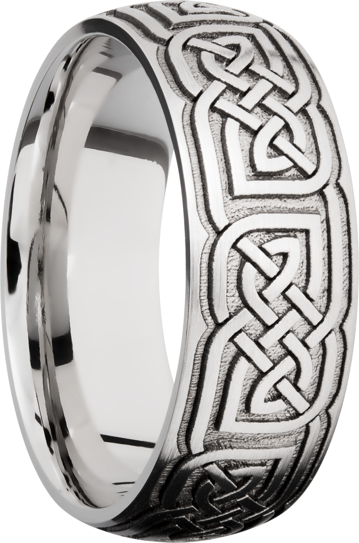 Cobalt chrome 8mm domed band with laser-carved celtic pattern