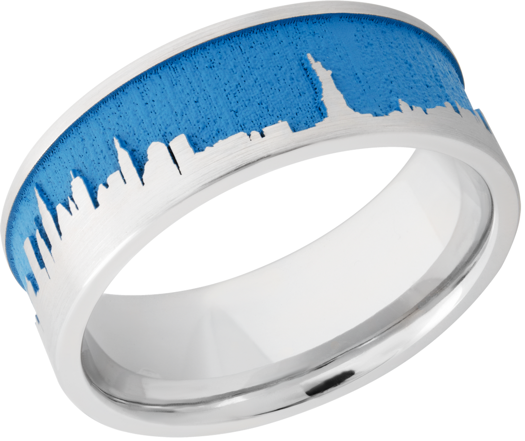 Cobalt chrome 8mm flat band with a laser-carved New York skyline featuring Sea Blue Cerakote in the recessed pattern