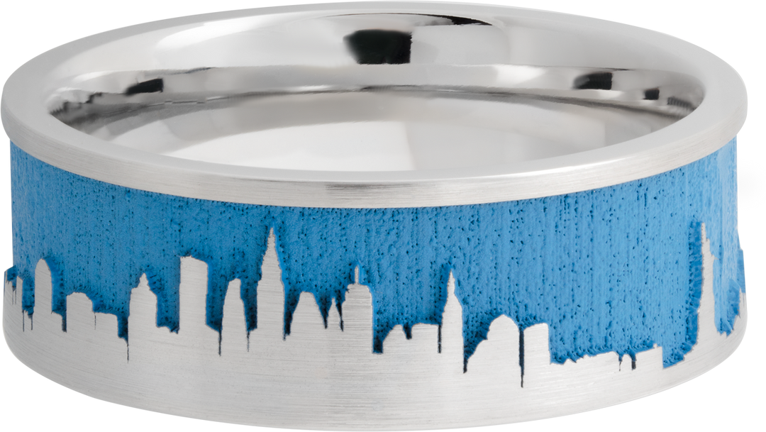 Cobalt chrome 8mm flat band with a laser-carved New York skyline featuring Sea Blue Cerakote in the recessed pattern