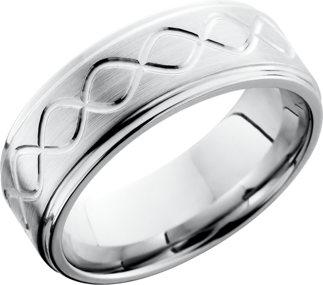 Cobalt chrome 8mm flat band with grooved edges and a laser-carved infinity pattern