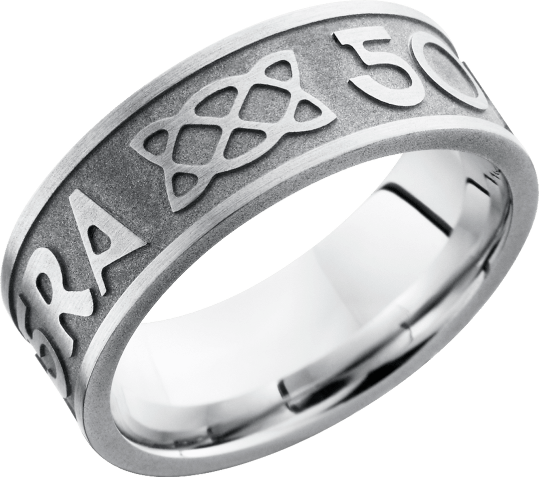 Cobalt chrome 8mm flat band with a laser-carved pattern