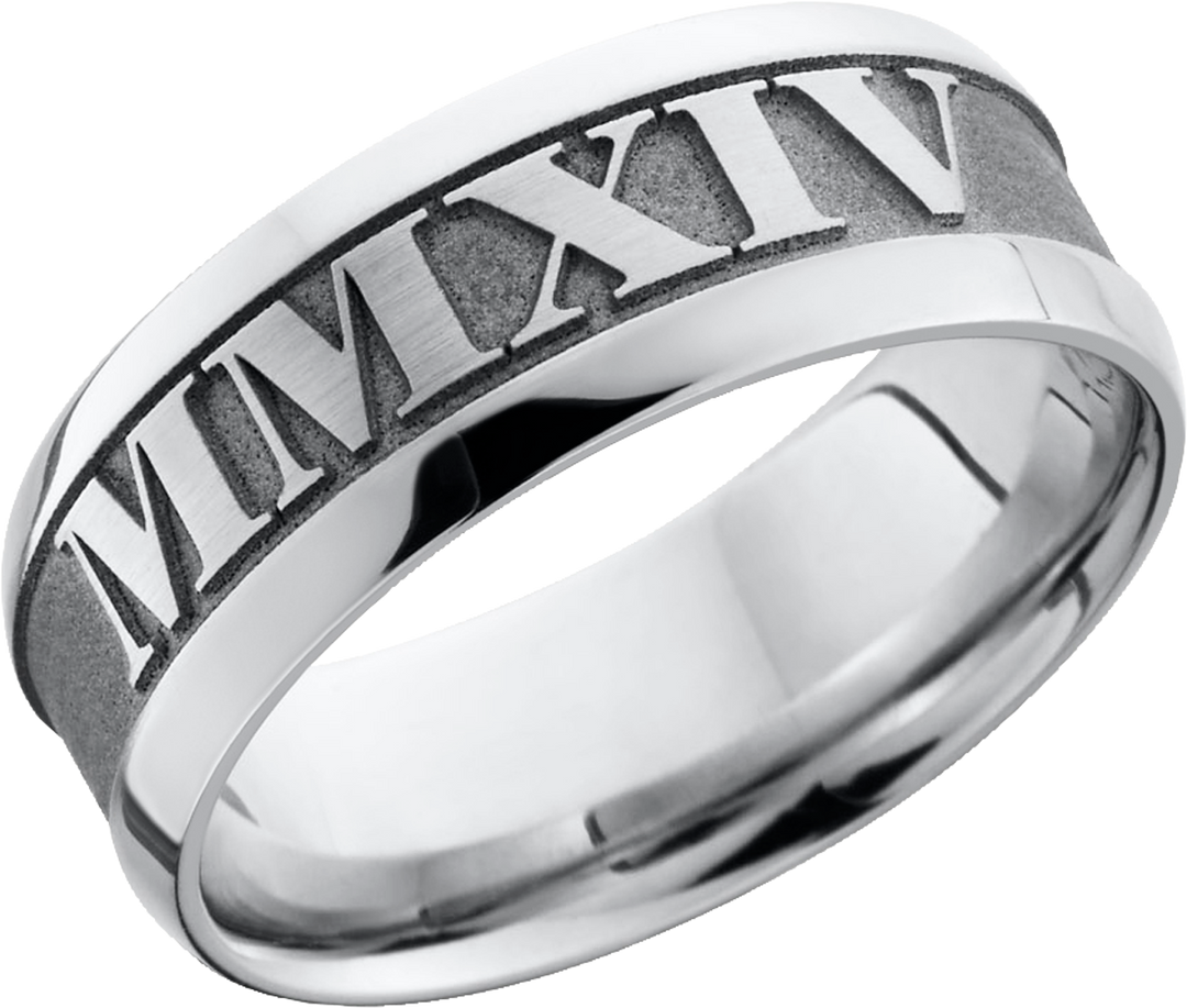 Cobalt chrome 8mm band with a reverse laser-carving of roman numerals