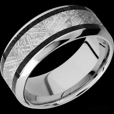 9 mm wide/High Bevel/Cobalt Chrome band featuring inlays of Dinosaur Bone Black and Meteorite.