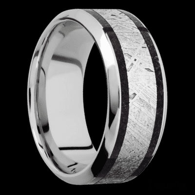 9 mm wide/High Bevel/Cobalt Chrome band featuring inlays of Dinosaur Bone Black and Meteorite.