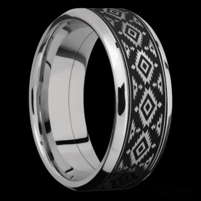 8 mm wide/Beveled/Cobalt Chrome band with one 6 mm Centered inlay of Tantalum with a laser carved Aztec 2 pattern.