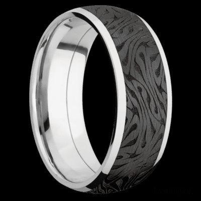 8 mm wide/Domed/Cobalt Chrome band with one 6 mm Centered inlay of Zirconium with a laser carved Escher 1 pattern.