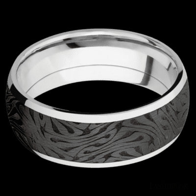 8 mm wide/Domed/Cobalt Chrome band with one 6 mm Centered inlay of Zirconium with a laser carved Escher 1 pattern.