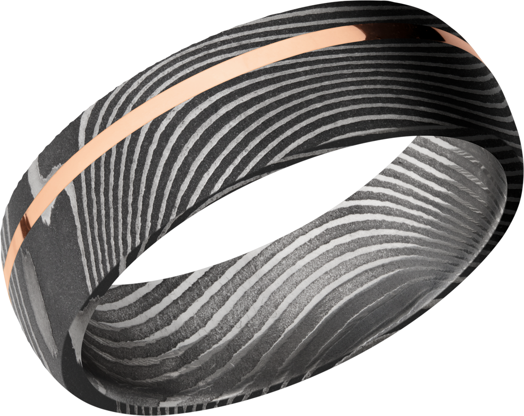 Handmade 7mm flattwist Damascus steel band with an off center inlay of 14K rose gold