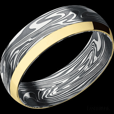 7 mm wide/Domed/Kinetic band with one 2 mm Off Center Edge inlay of 14K Yellow Gold.