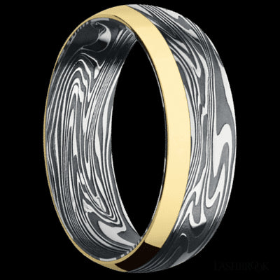 7 mm wide/Domed/Kinetic band with one 2 mm Off Center Edge inlay of 14K Yellow Gold.