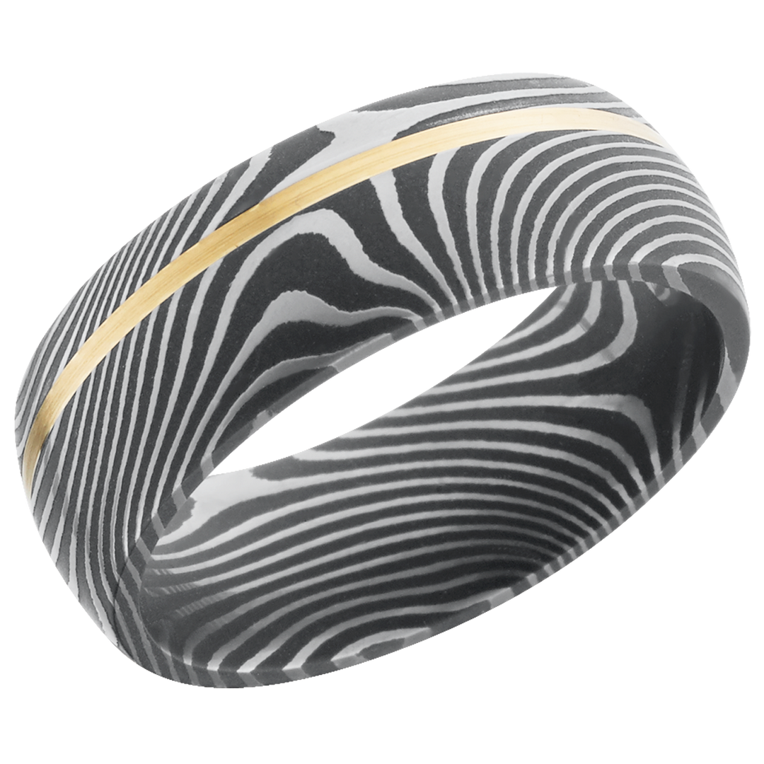 Handmade 8mm flattwist Damascus steel band with an off center inlay of 14K yellow gold