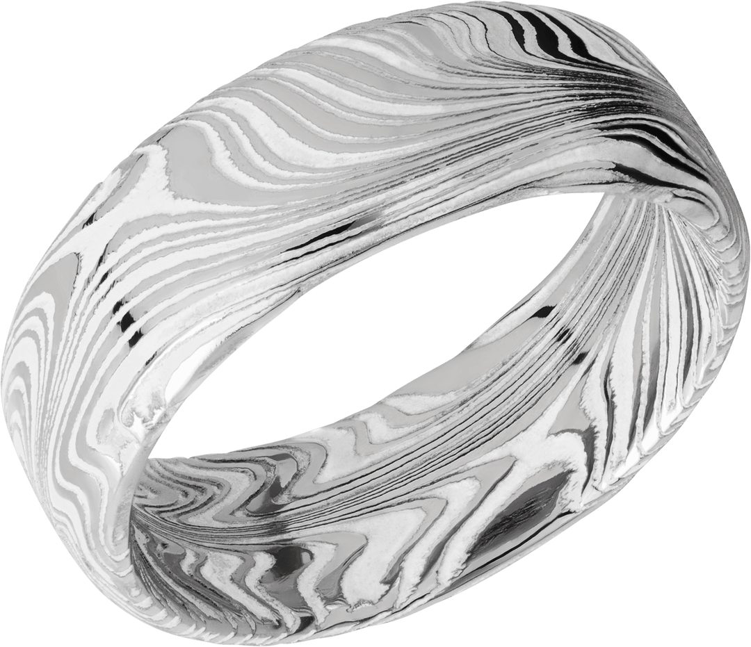 Marble Damascus steel 8mm domed band with White Cerakote in the recessed pattern