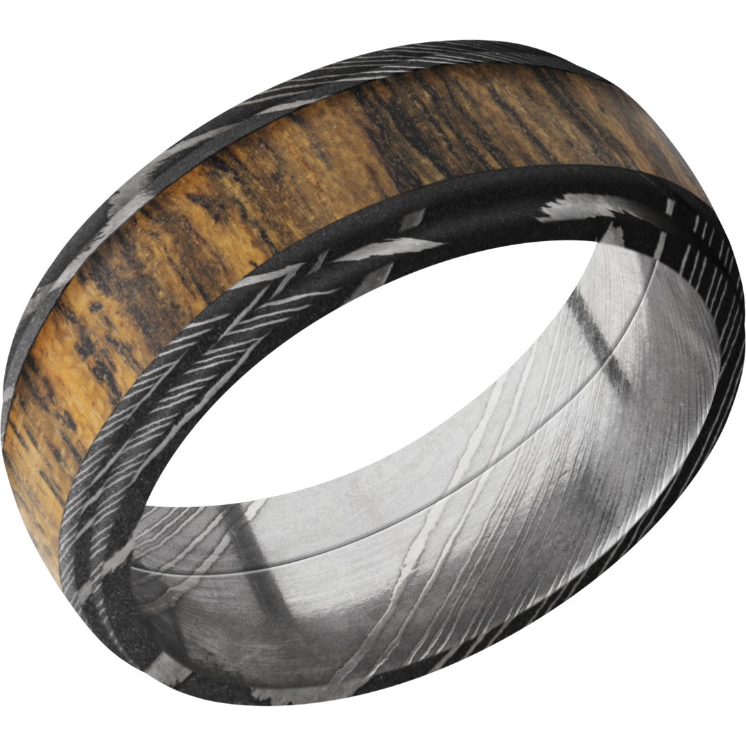 Damascus steel 8mm domed band with grooved edges and an inlay of Bocote hardwood