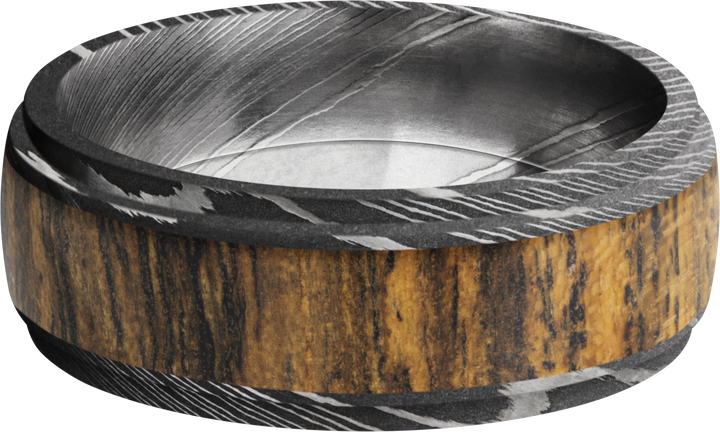 Damascus steel 8mm domed band with grooved edges and an inlay of Bocote hardwood