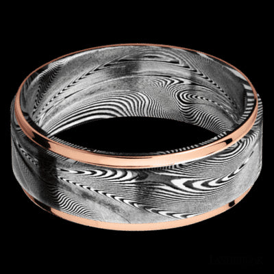 8 mm wide/Flat Grooved Edges/Tightweave band with two 1 mm Edge inlays of 14K Rose Gold.