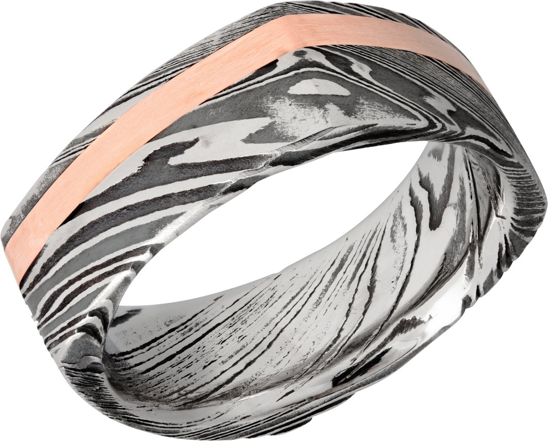 Handmade 8mm woodgrain Damascus steel square band with an inlay of 14K rose gold