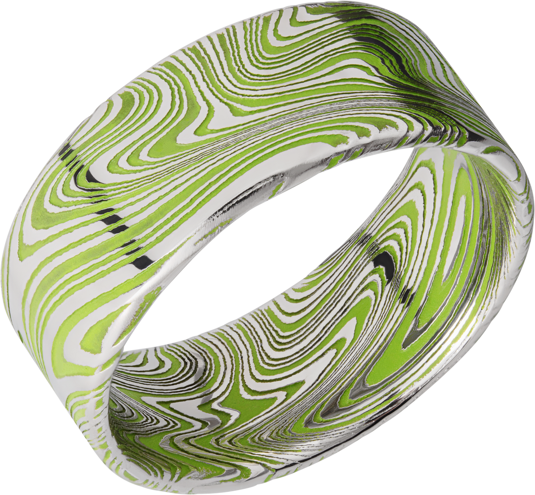 Marble Damascus steel 9mm flat band with slightly rounded edges and Zombie Green Cerakote in the recessed pattern