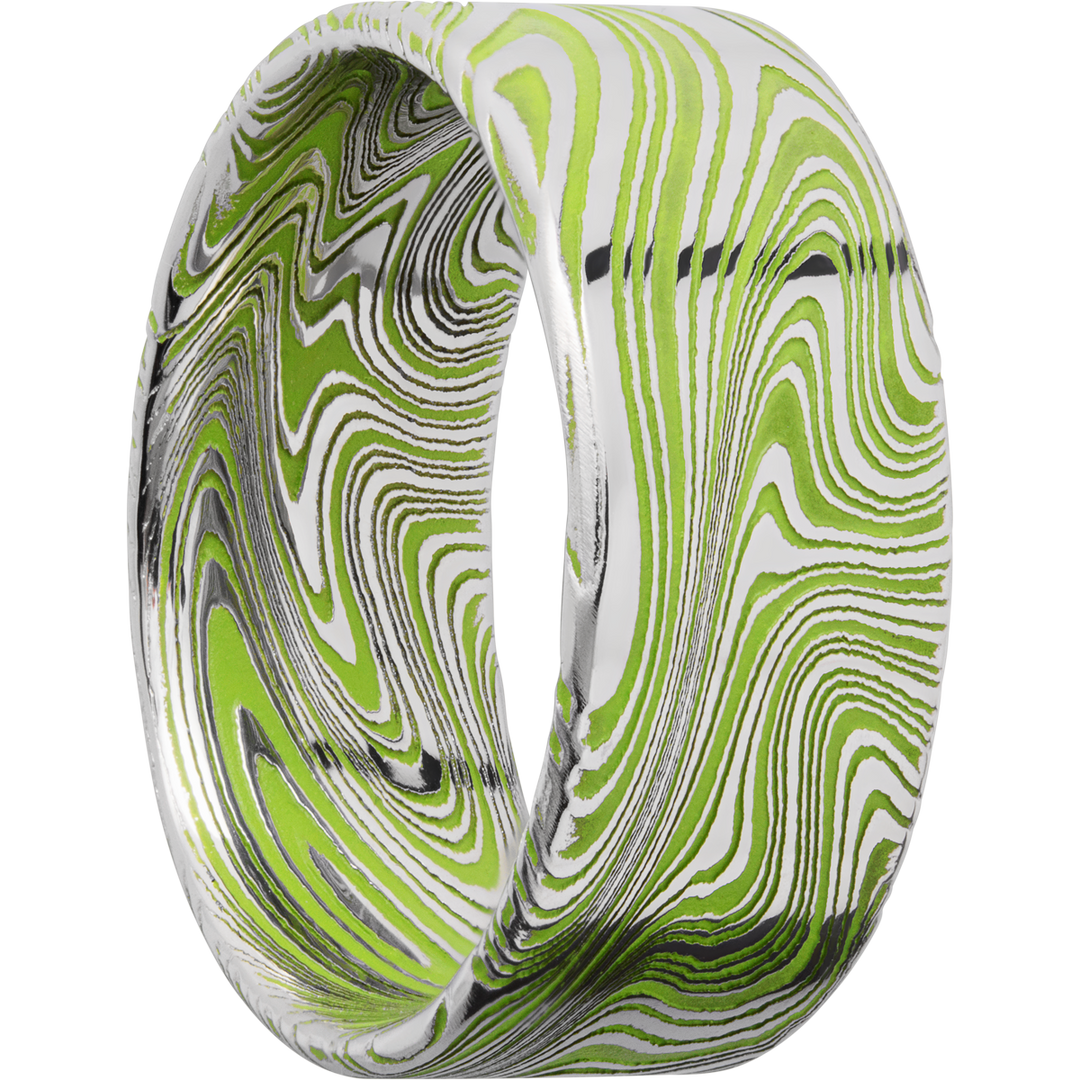 Marble Damascus steel 9mm flat band with slightly rounded edges and Zombie Green Cerakote in the recessed pattern