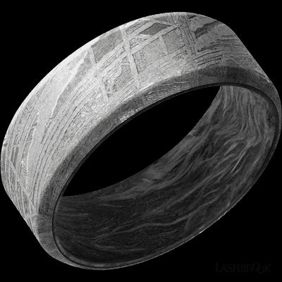 8 mm wide Beveled Meteorite band featuring a Forged Carbon Fiber sleeve.