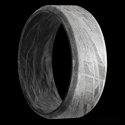 8 mm wide Beveled Meteorite band featuring a Forged Carbon Fiber sleeve.