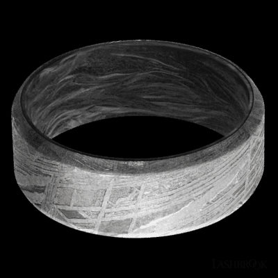 8 mm wide Beveled Meteorite band featuring a Forged Carbon Fiber sleeve.