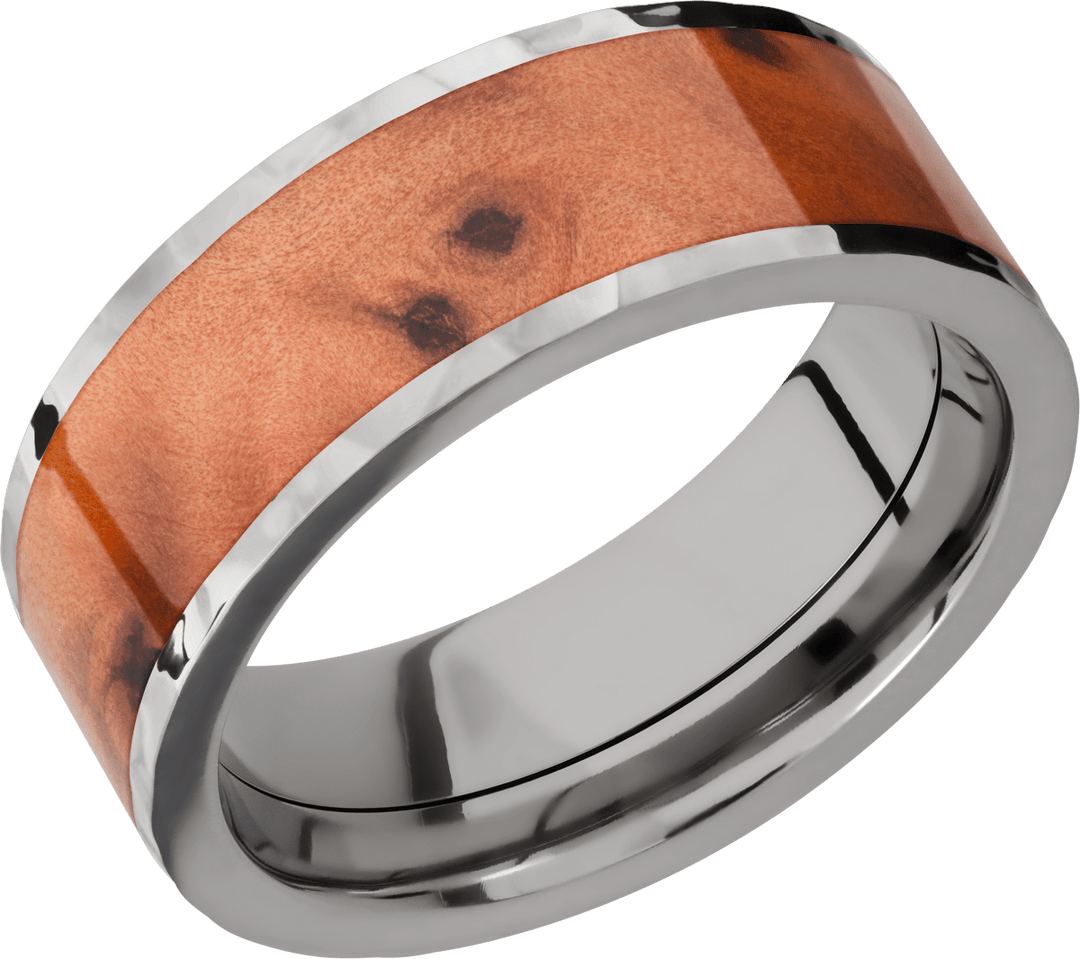 Titanium 8mm flat band with an inlay of Thuya Burl hardwood