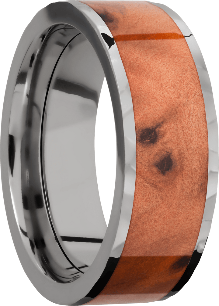 Titanium 8mm flat band with an inlay of Thuya Burl hardwood