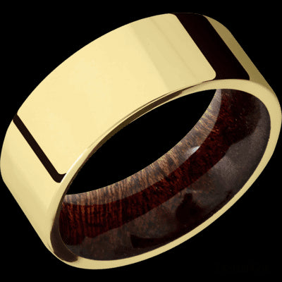 8 mm wide Flat 14K Yellow Gold band featuring a Sapele sleeve.