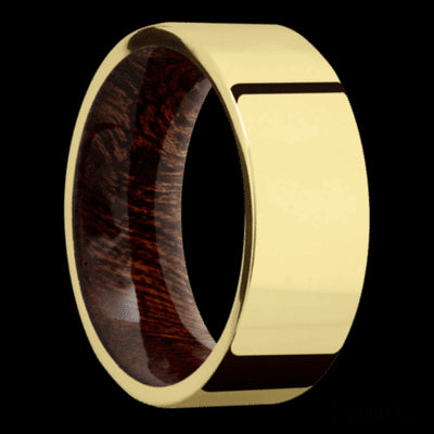 8 mm wide Flat 14K Yellow Gold band featuring a Sapele sleeve.