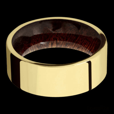 8 mm wide Flat 14K Yellow Gold band featuring a Sapele sleeve.