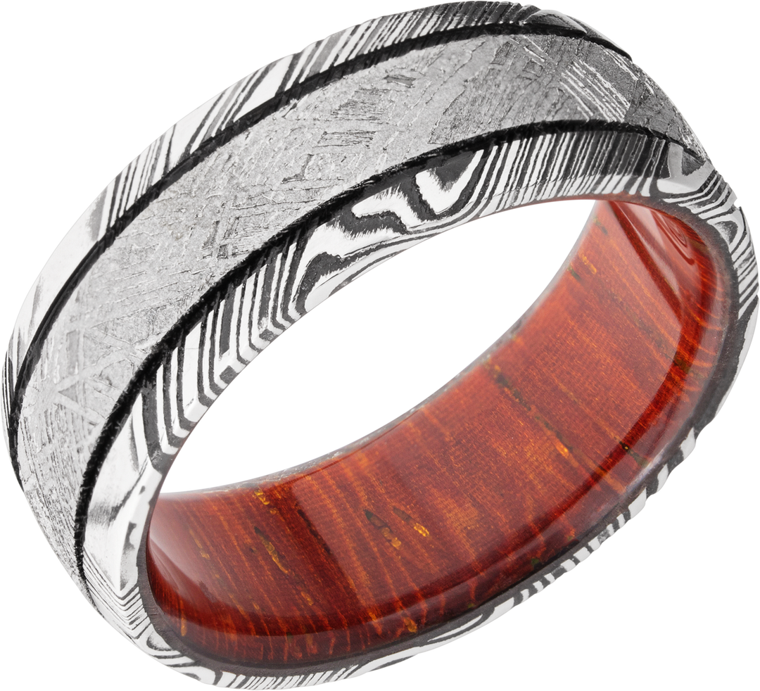 Handmade 8mm Damascus steel domed band with an inlay of authentic Gibeon meteorite and a hardwood sleeve of Padauk