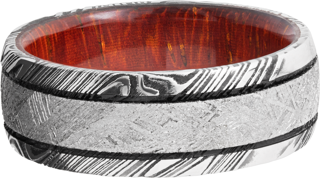 Handmade 8mm Damascus steel domed band with an inlay of authentic Gibeon meteorite and a hardwood sleeve of Padauk