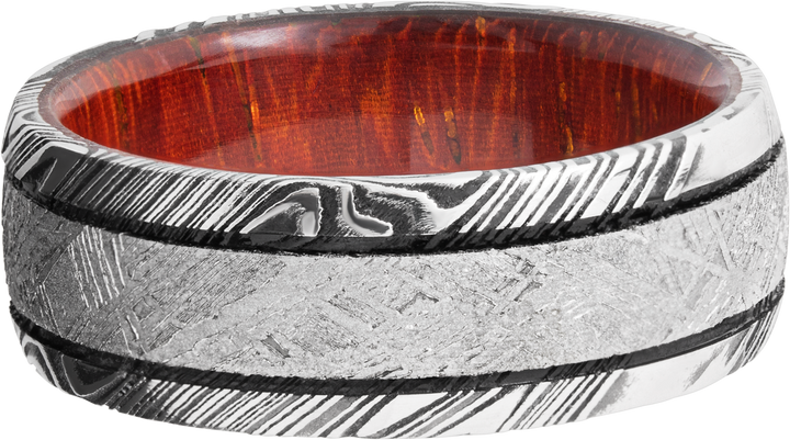 Handmade 8mm Damascus steel domed band with an inlay of authentic Gibeon meteorite and a hardwood sleeve of Padauk