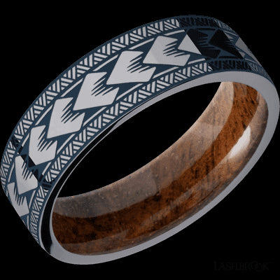 7 mm wide/Flat/Tantalum band with a laser carved Maori pattern also featuring a Koa sleeve.