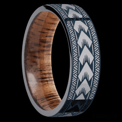 7 mm wide/Flat/Tantalum band with a laser carved Maori pattern also featuring a Koa sleeve.