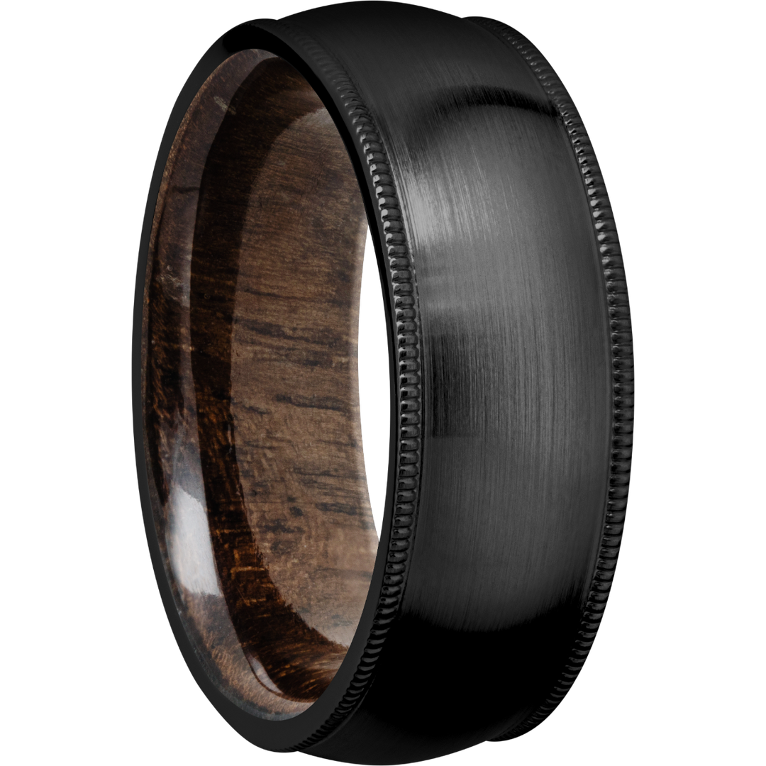 Zirconium 8mm domed band with milgrain edges and a sleeve of Walnut hardwood