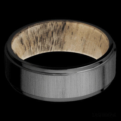 8 mm wide Flat Grooved Edges Zirconium band featuring a Spalted Tamarind sleeve.