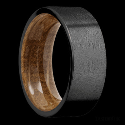 8 mm wide Flat Zirconium band featuring a Whiskey Barrel sleeve.