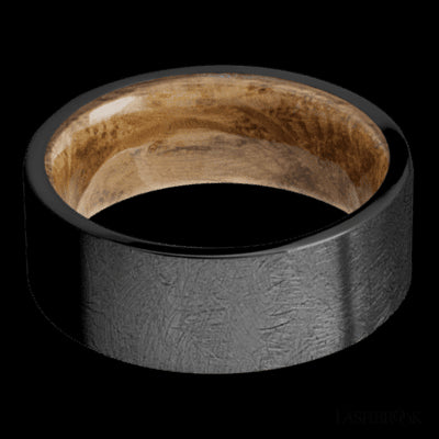 8 mm wide Flat Zirconium band featuring a Whiskey Barrel sleeve.