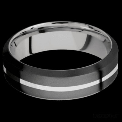 7 mm wide/High Bevel/Zirconium band with one 1 mm Centered inlay of Palladium Silver also featuring a Palladium Silver sleeve.