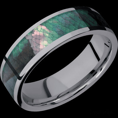 7 mm wide/Flat/Tantalum band with one 5 mm Centered inlay of Black Mother of Pearl.