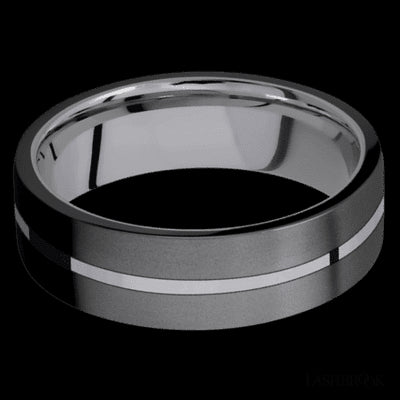 7 mm wide/Flat/Tantalum band with two 3 mm Double Off Center Edge inlays of Zirconium.