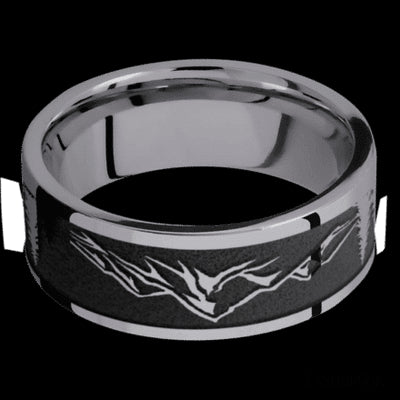 8 mm wide/Flat/Tantalum band with a laser carved Mountain 2 pattern.