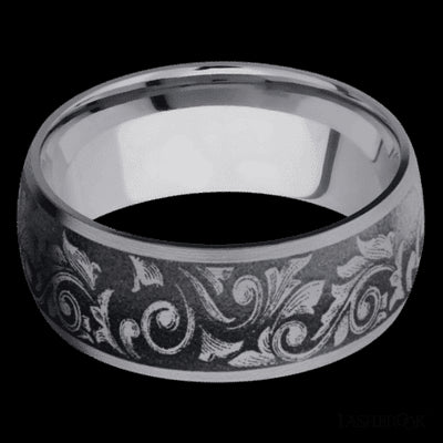 9 mm wide/Domed/Tantalum band with a laser carved Western Scroll pattern.